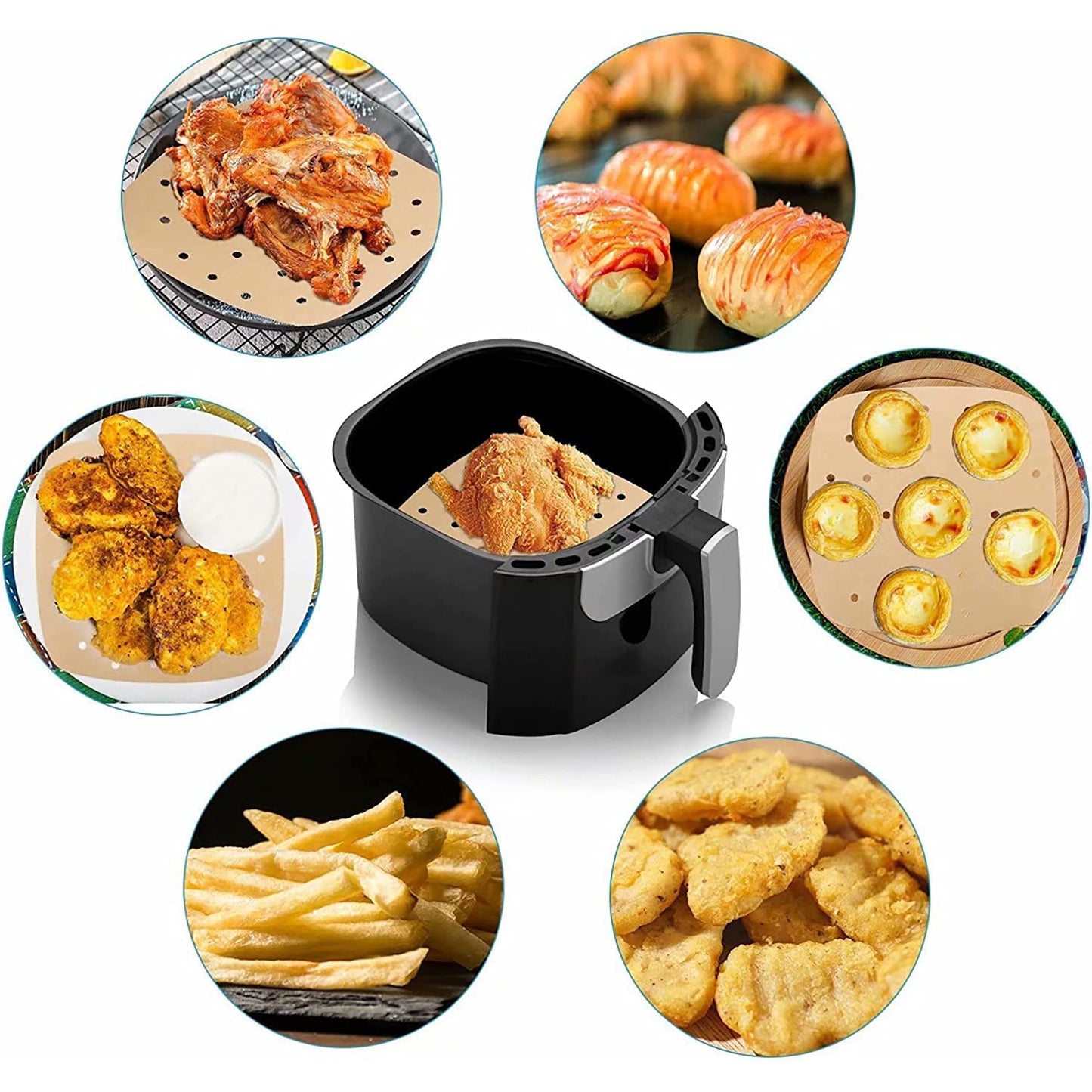 Perforated Unbleached Square Disposable Air Fryer Liners 8.5 Inch 200 Pcs - Brown
