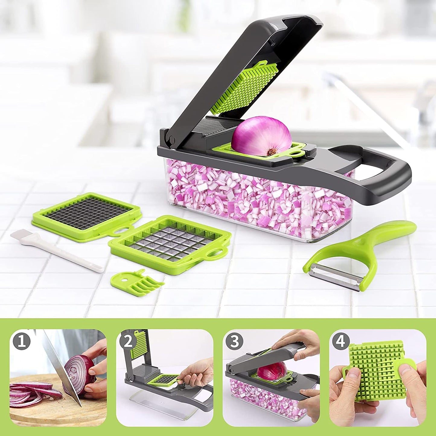 Multifunctional 13 in 1 Vegetable Slicer Grater Chopper - Green and Grey