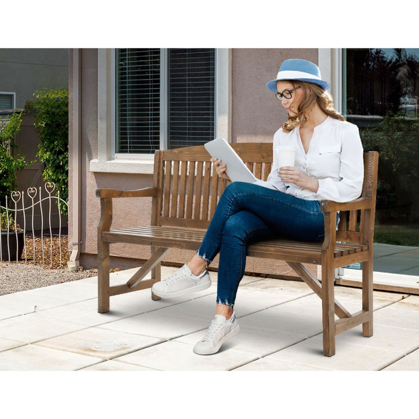 Wooden Garden Bench Outdoor Furniture Decor Patio 3 Seater - Brown