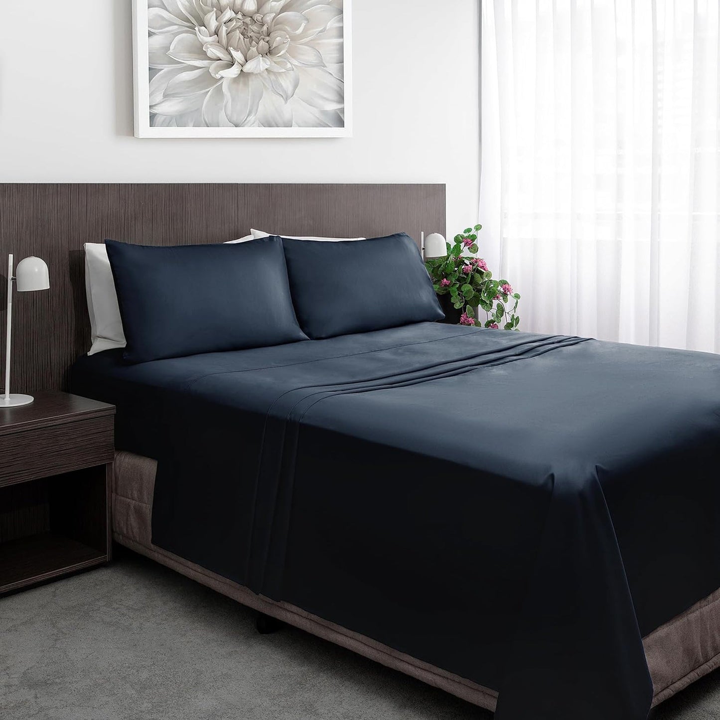 800TC Pure 100% Natural Cotton Sateen Weave Bed Sheet Set - Dark Blue