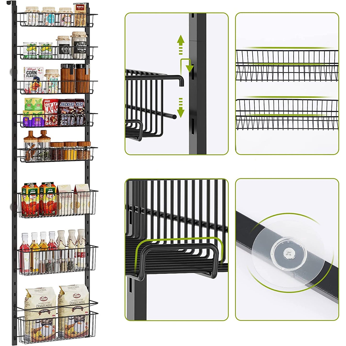 8 Tier Adjustable Baskets Pantry Organization and Storage Door Shelf with Detachable Frame