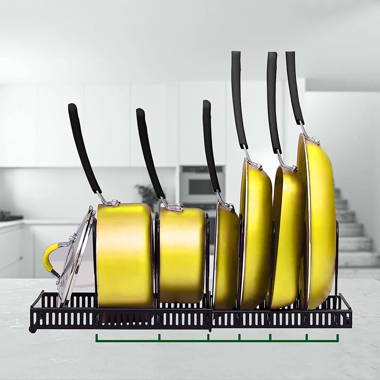 Expandable Pot and Pan Organizer Rack for Cabinet with 10 Adjustable Compartments - Black