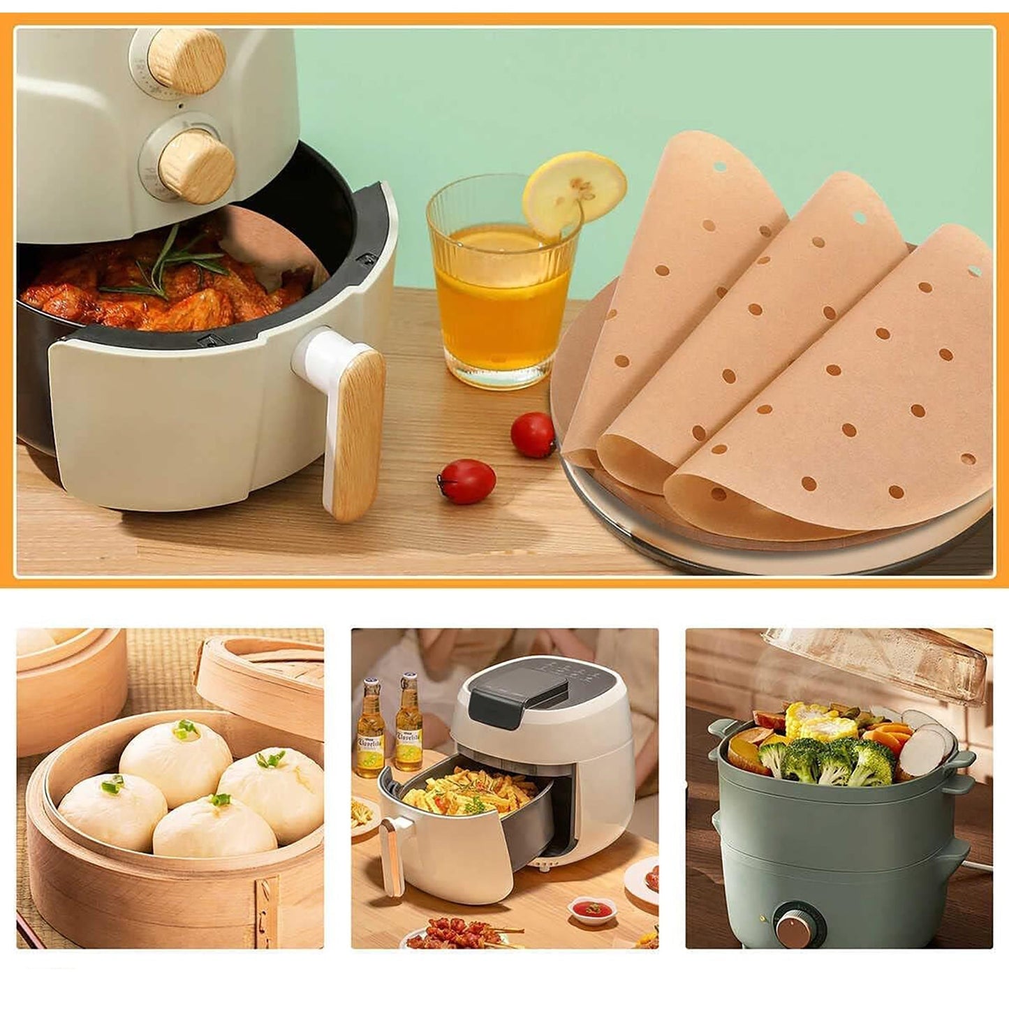 Perforated Circle Disposable Air Fryer Liners 8 Inch 200 Pcs - Brown