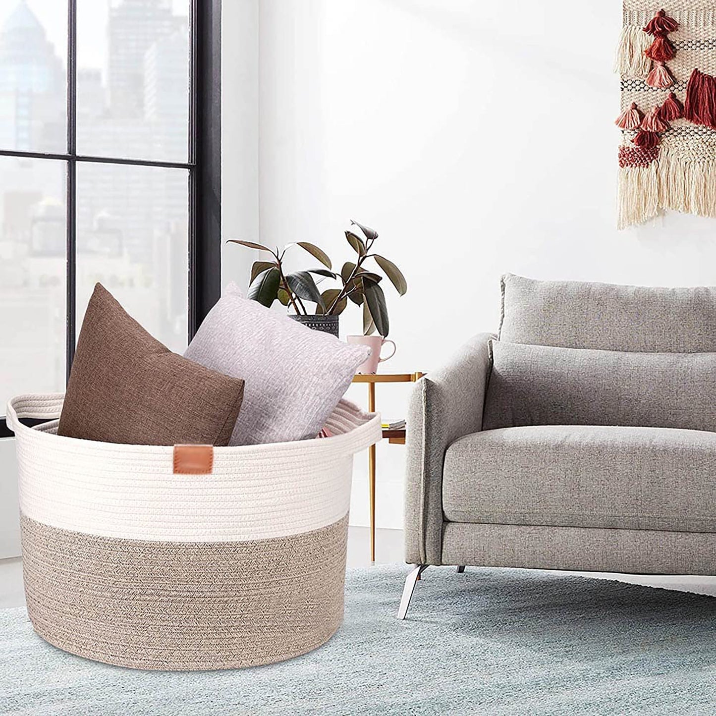 Extra Large Rope Woven Baskets with Handles for Living Room 22x22x14 - Brown