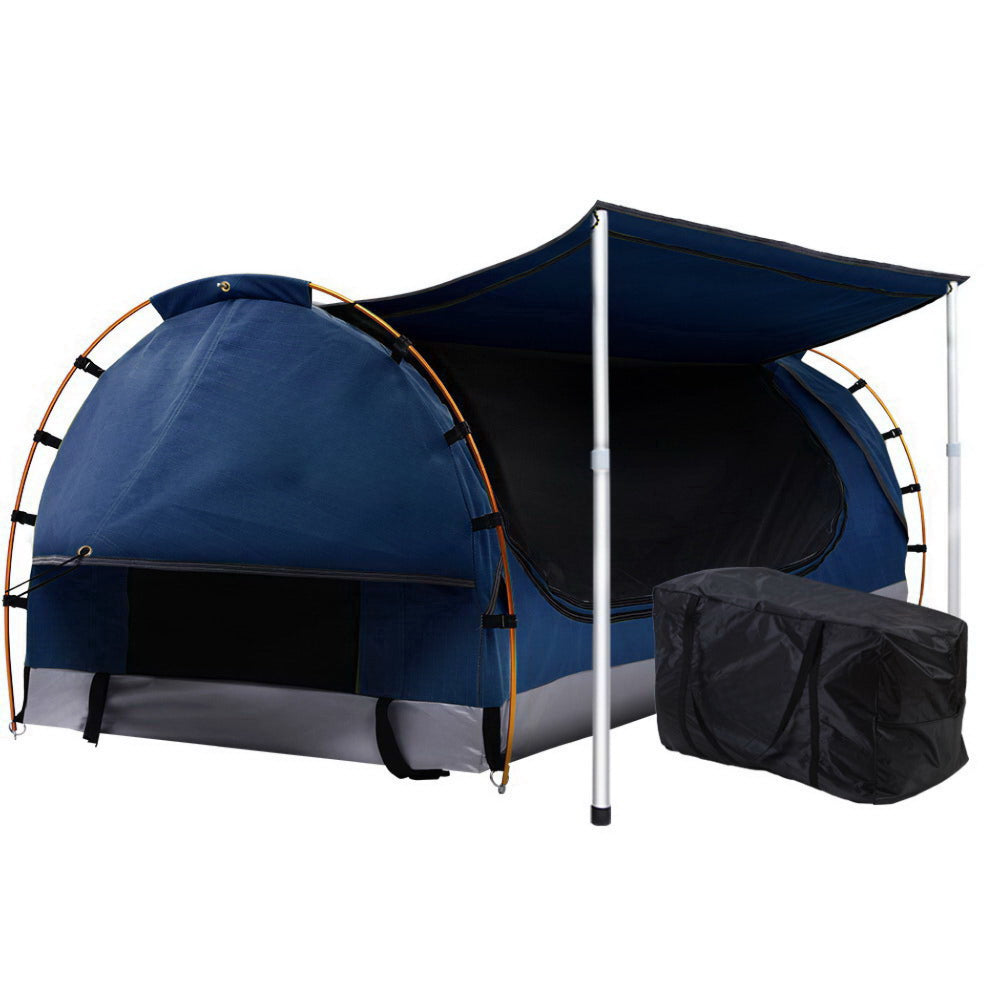Double Camping Swags Canvas Free Standing Dome Tent with Mattress - Dark Blue