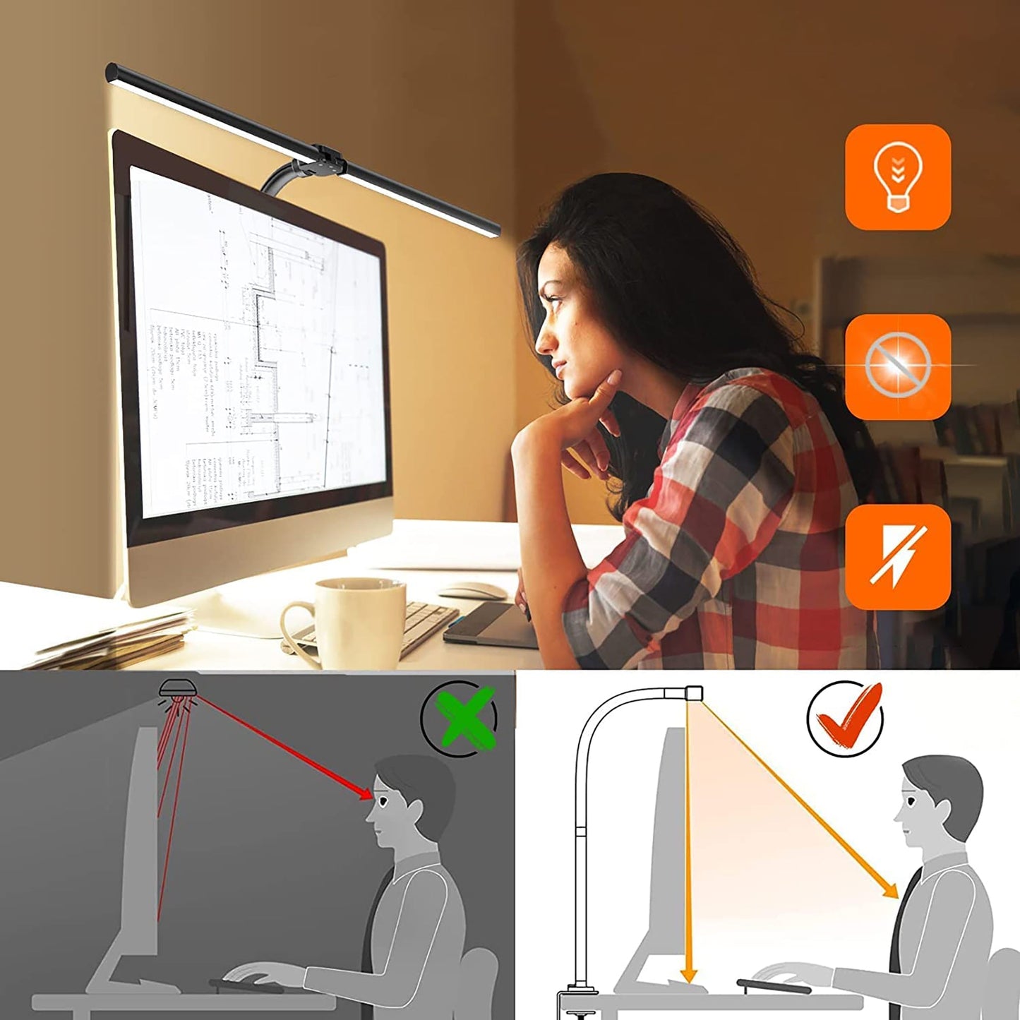 24W Double Head LED Desk Study Lamp with 5 Lighting Color Modes - Black