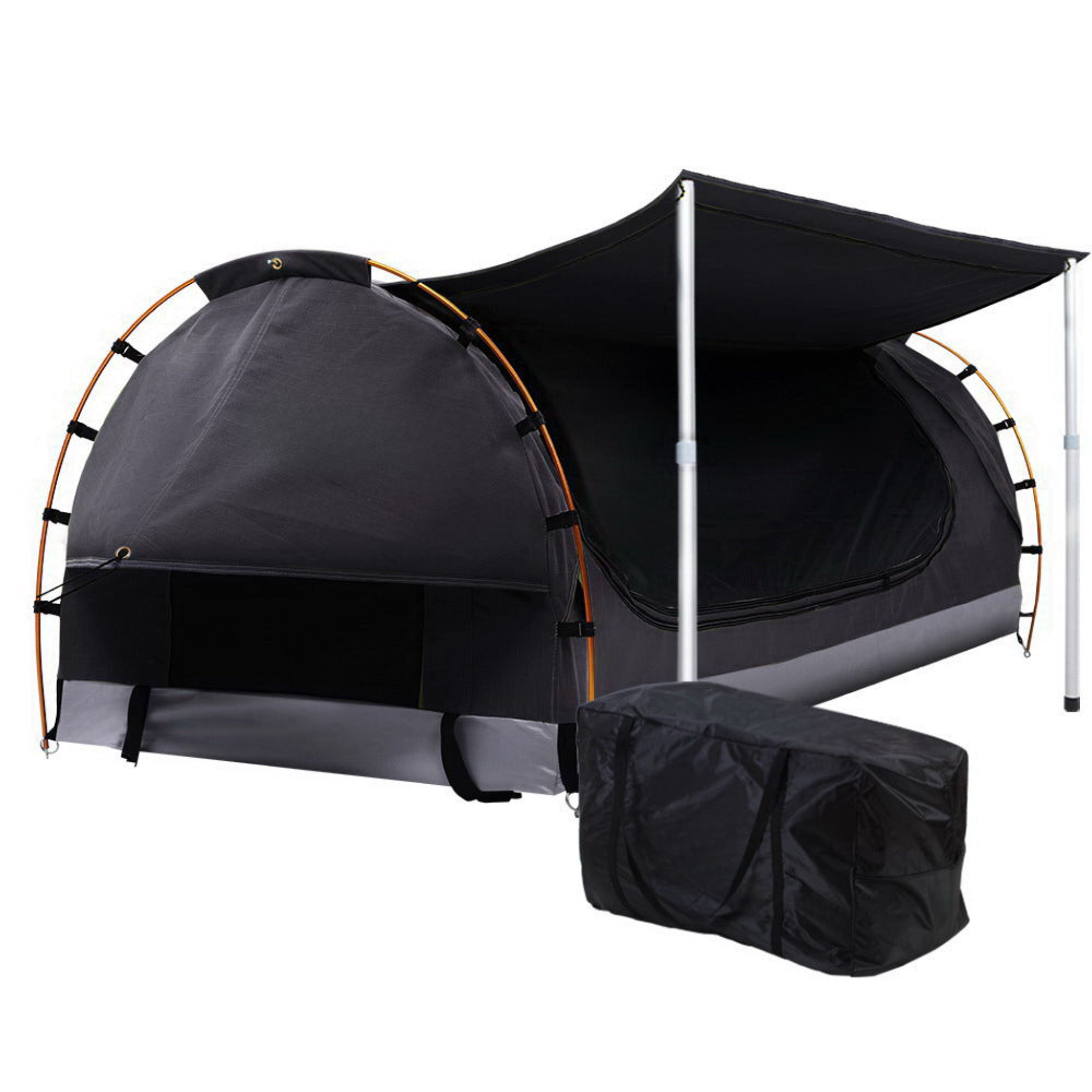 Double Camping Swags Canvas Free Standing Dome Tent with Mattress - Dark Grey
