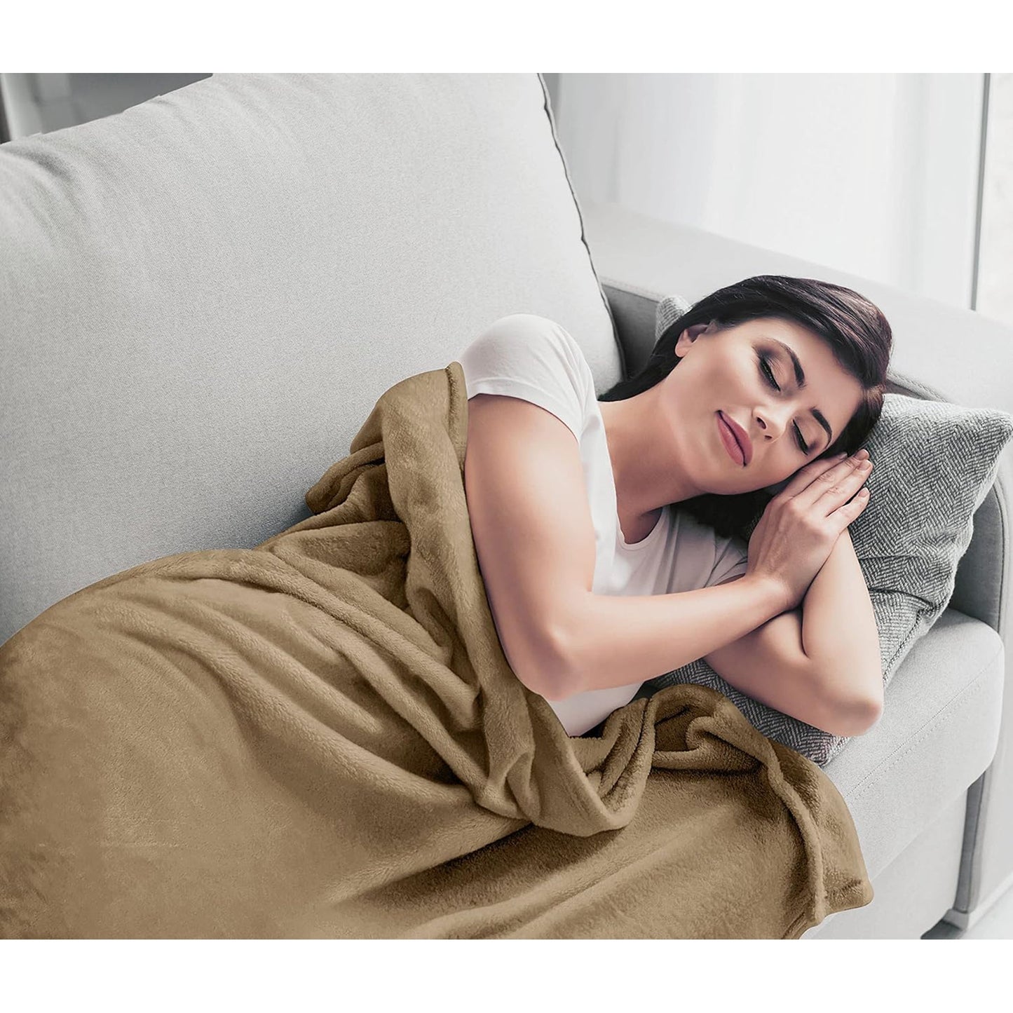 300GSM Microfibre Luxury Anti-Static Fuzzy Soft Fleece Blanket - Camel