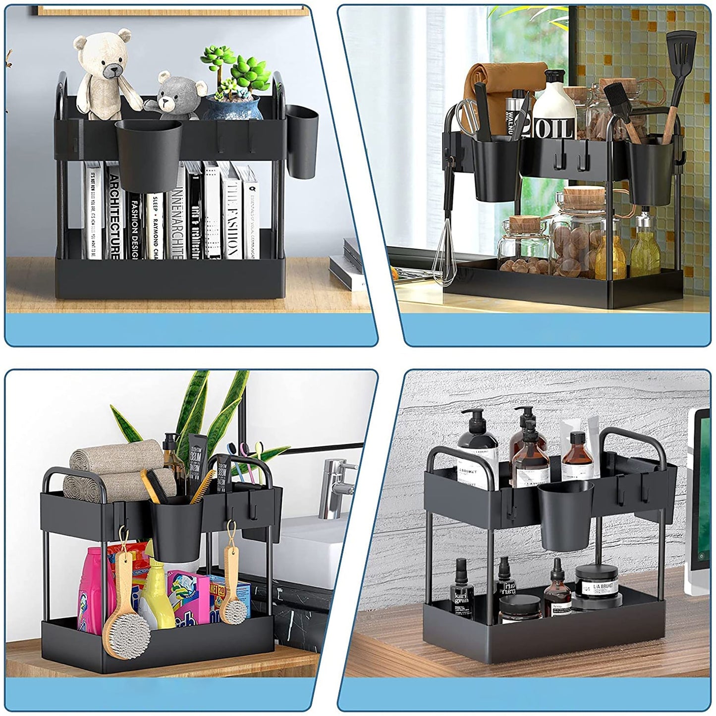 2 Tier Rack Shelf Storage Organizer with 4 Hooks 2 Hanging Cups - Black