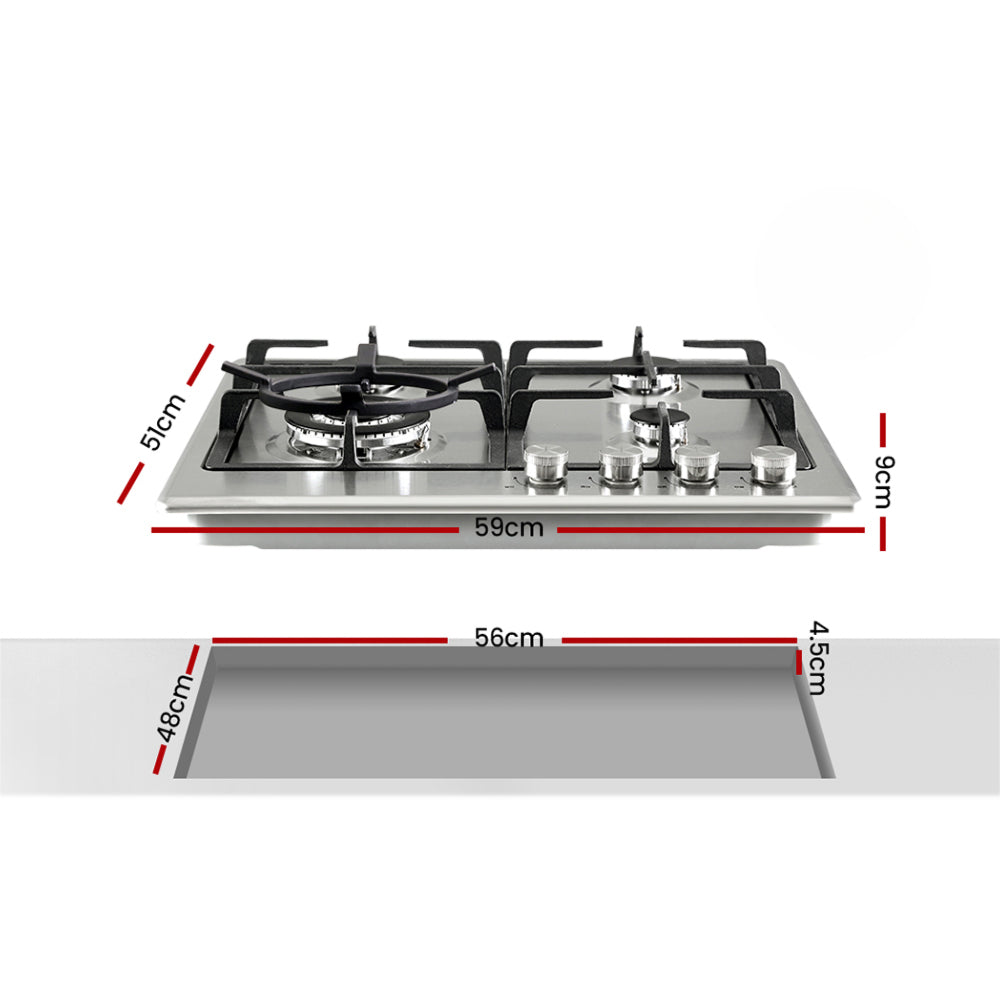 60cm Gas Cooktop Stainless Steel 4 Burners Kitchen Stove Cook Top NG LPG