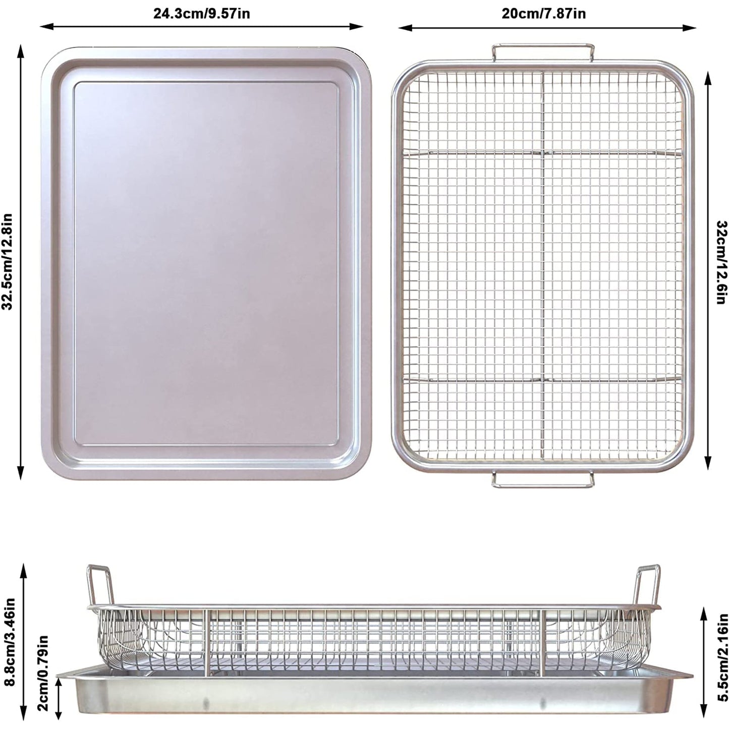 2 Piece Stainless Steel Air Fryer Basket Set for Oven 32x22 cm - Silver