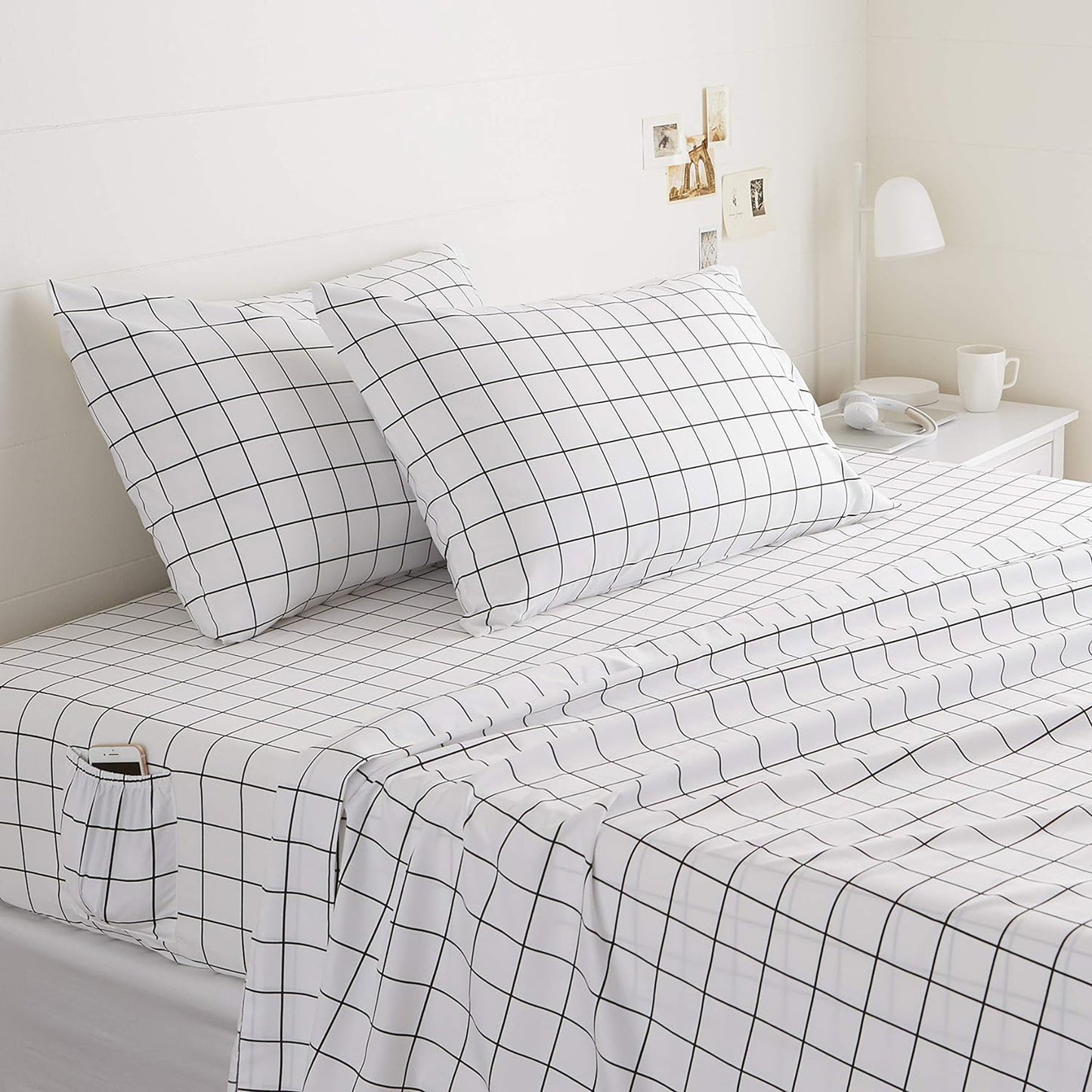 Soft Microfibre Bed Sheet Set with Elastic Pockets - Black Grid