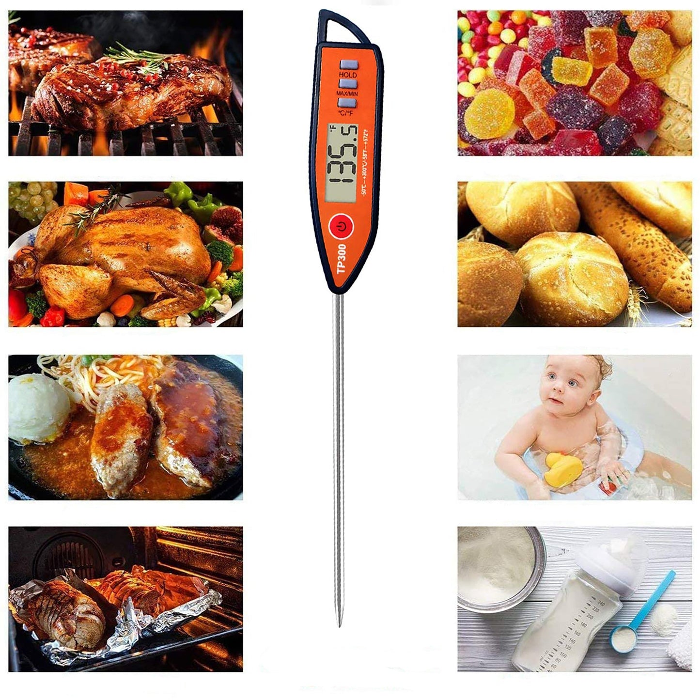 Fast Reading Digital Food Thermometer for Baking Meat Grilling Roasting - Orange