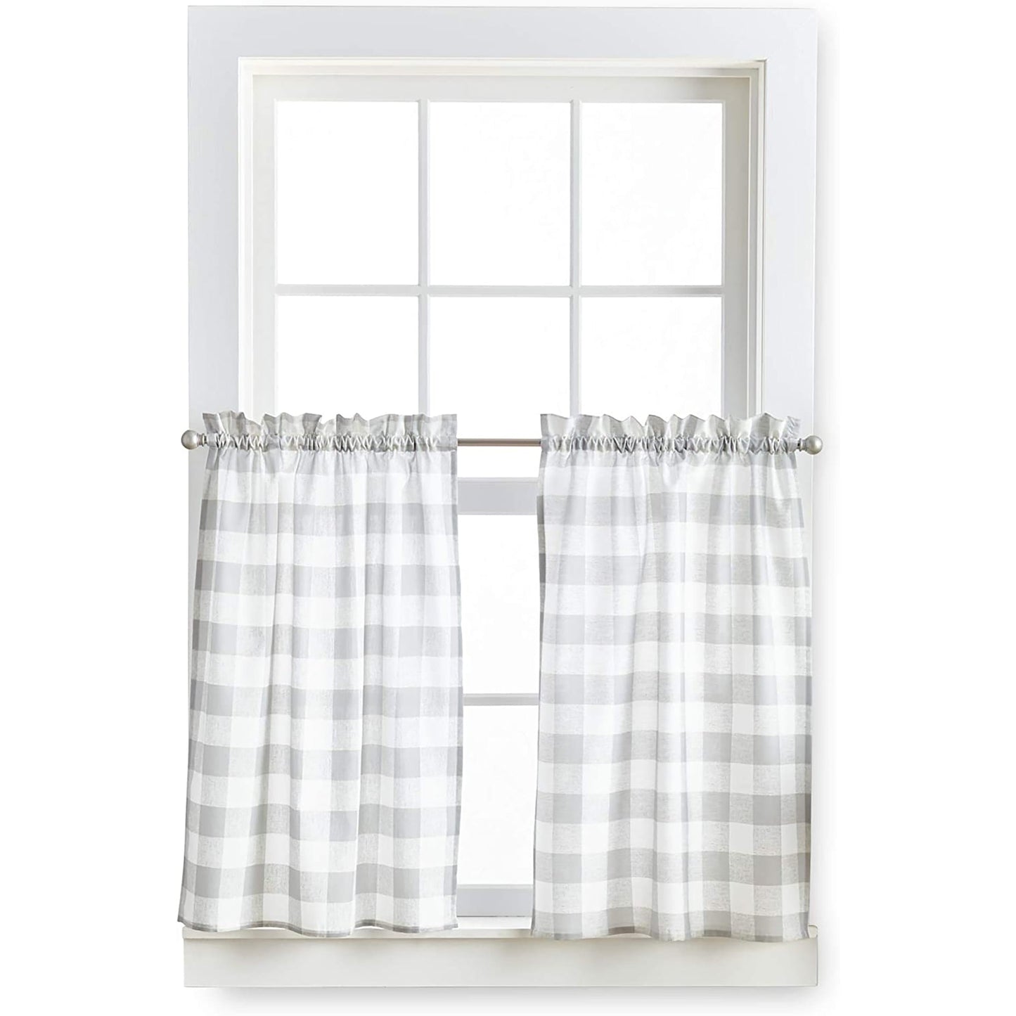 Country Modern Rustic Farmhouse Check Curtain Window Valance and Tiers Set - Grey