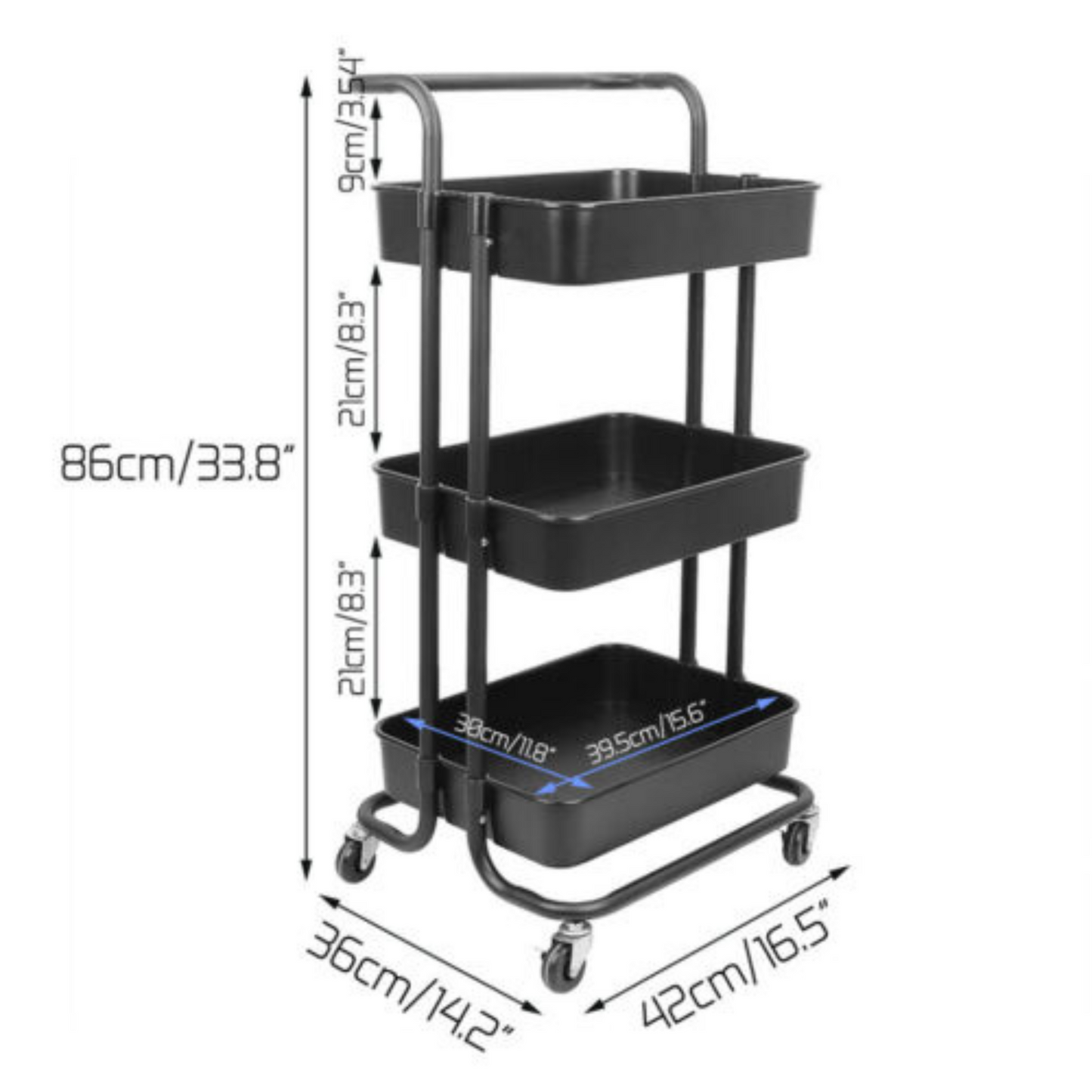 3-Tier Rolling Storage Cart with Handle Basket Serving Trolley Organizer