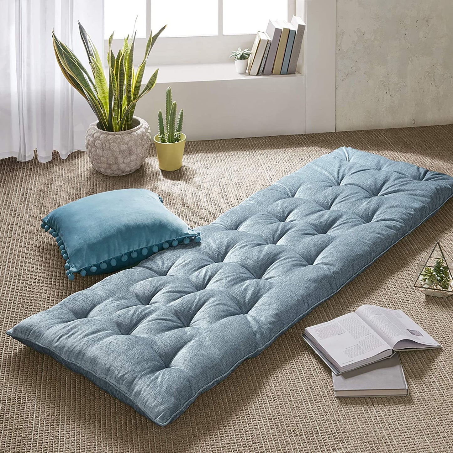 Foldable Poly Chenille Light Weight Floor Pillow Tufted Seat Cushion with Travel Wrap - Aqua