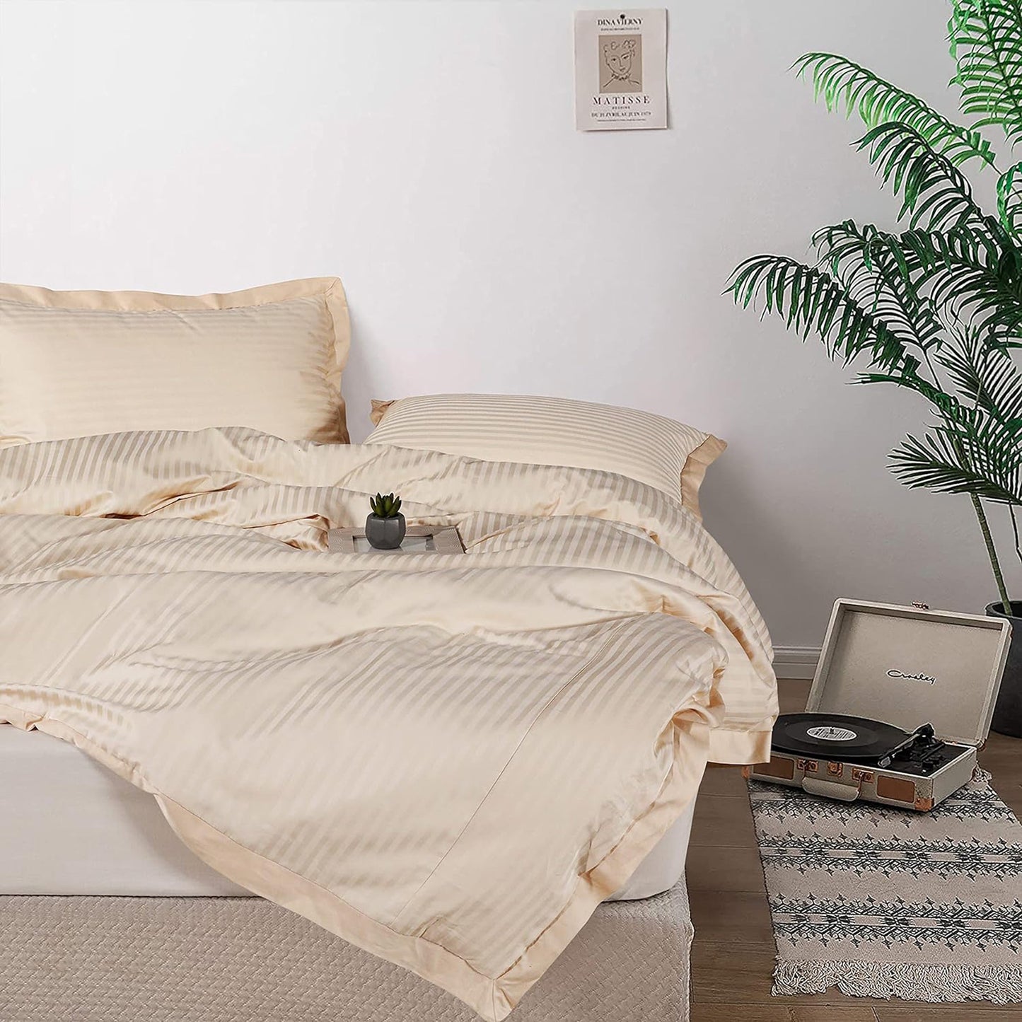 1000 Thread Count Cotton Satin Stripe Reversible Quilt Cover Bedding Set - Ivory