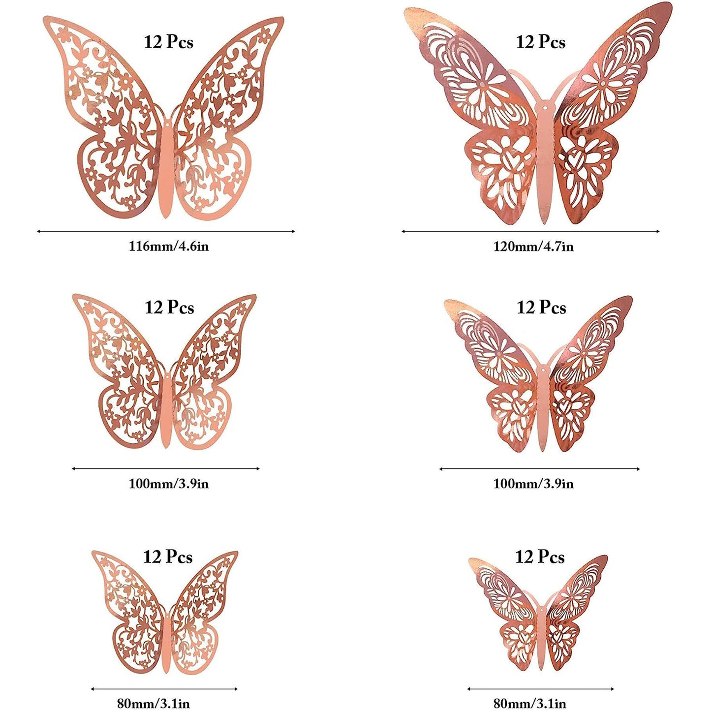 3D Removable Metallic Butterfly Wall Sticker Decoration 72 Pcs - Rose Gold