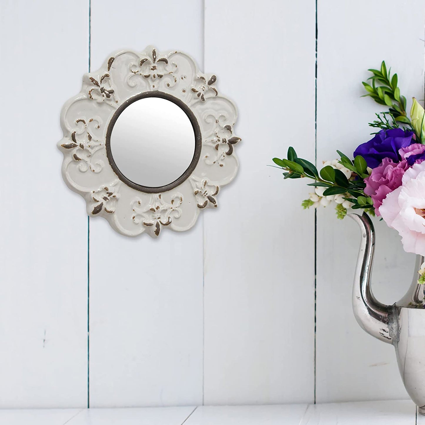 Decorative 8 Inch Antique White Round Ceramic Accent Wall Mirror