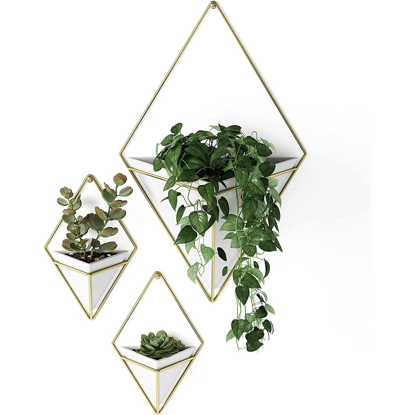 Hanging Planter Vase and Geometric Wall Decor Container Small - White Brass