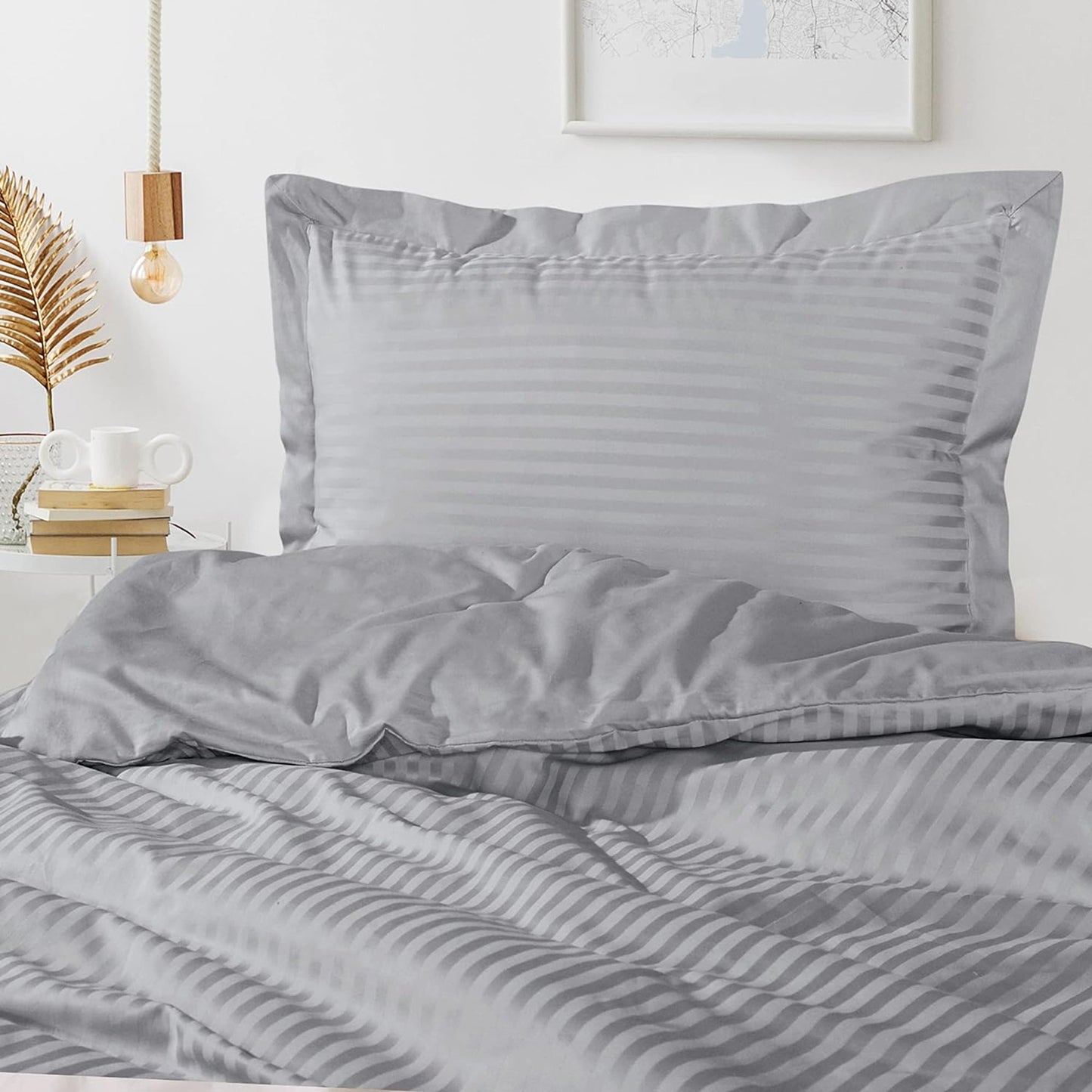 1000 Thread Count Cotton Satin Stripe Reversible Quilt Cover Bedding Set - Platinum Grey