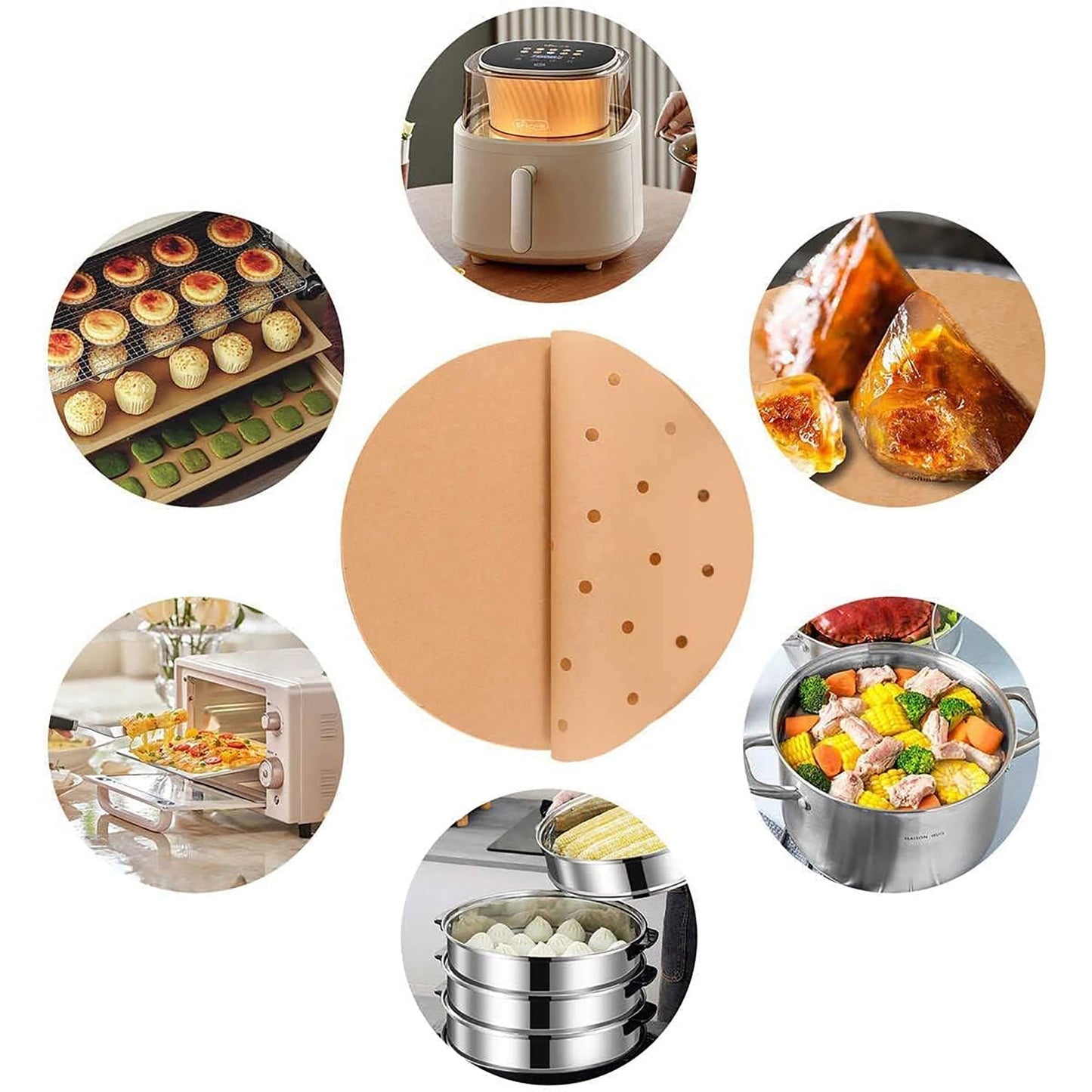 Perforated Circle Disposable Air Fryer Liners 8 Inch 200 Pcs - Brown