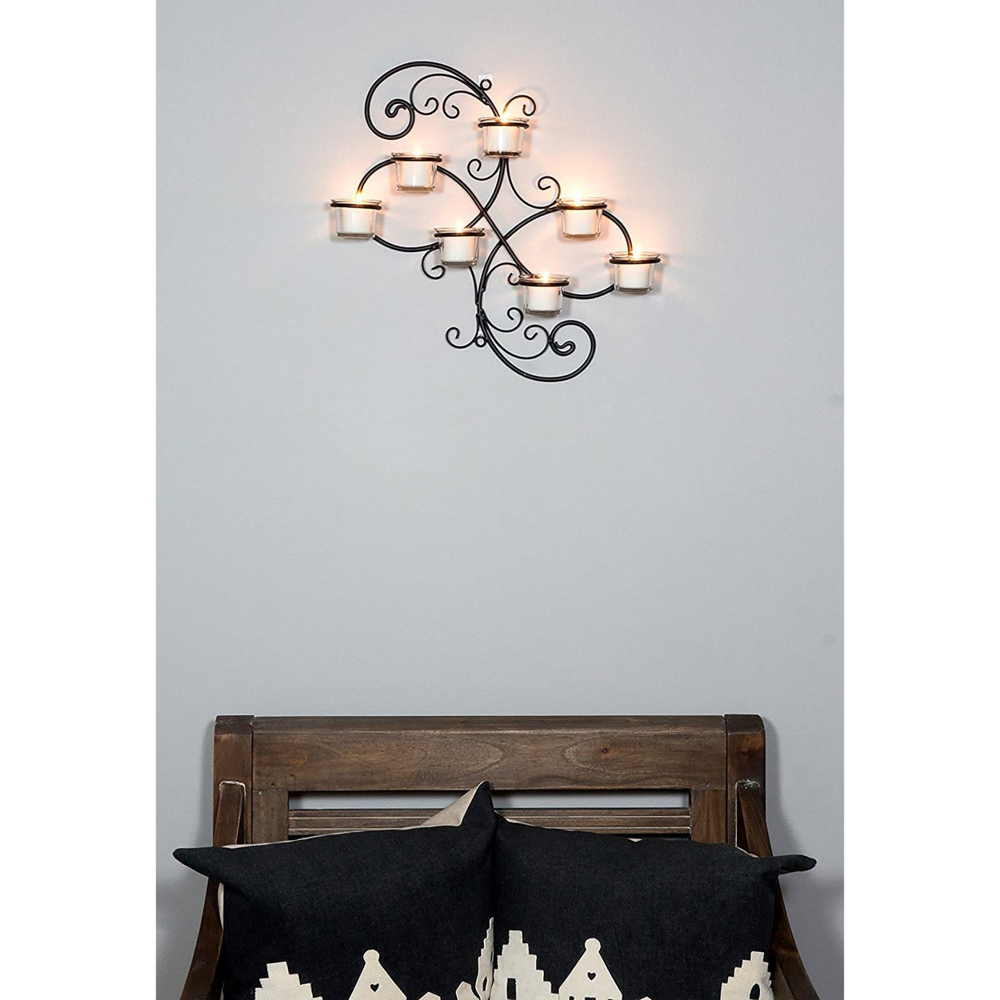 Decorative Black Scrolled Ivy Metal Tea Light Candle Holder Hanging Wall Sconce 7 - Black