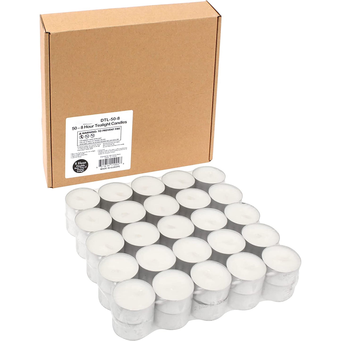 50 Pack Unscented Smokeless Long Tea Light Candles with 8 Hour Extended Burn Time - White