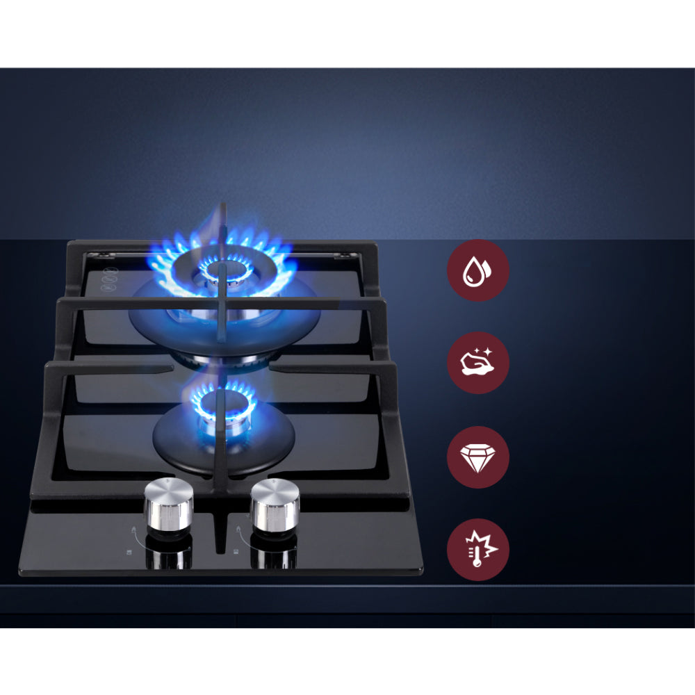 Gas Cooktop 30cm Gas Stove Cooker 2 Burner Cook Top Konbs NG LPG Black