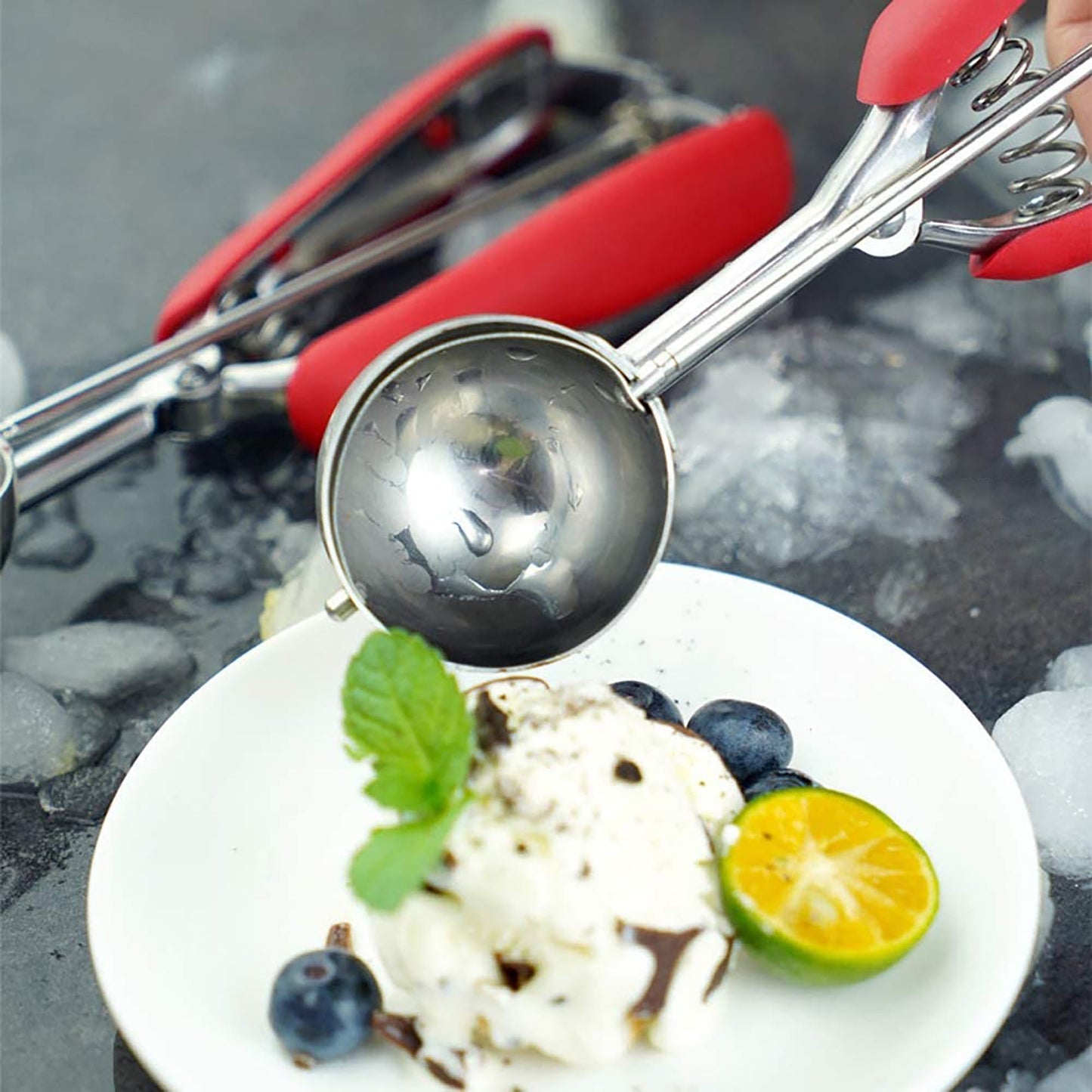 Stainless Steel Ice Cream Scoop with Trigger and Soft Silicone Handle - Red