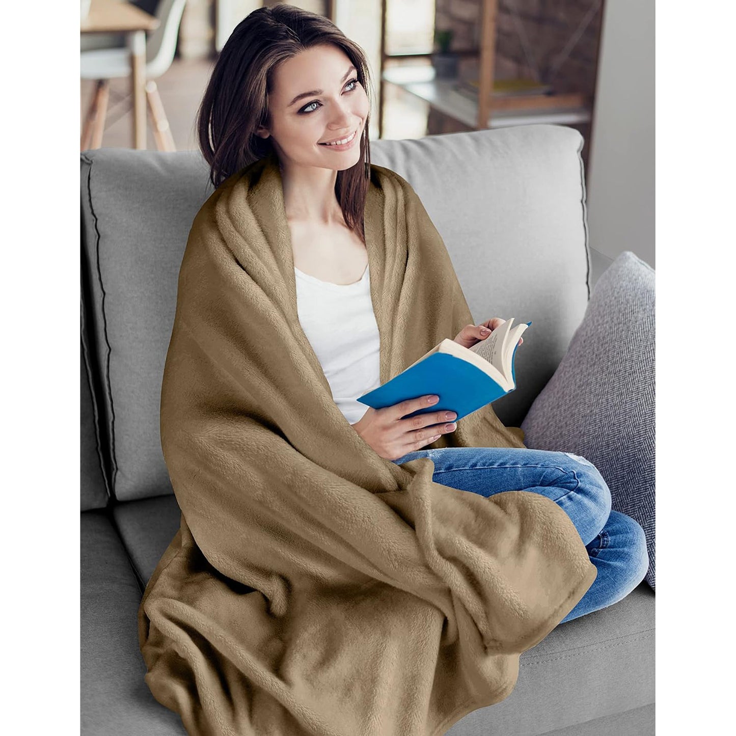 300GSM Microfibre Luxury Anti-Static Fuzzy Soft Fleece Blanket - Camel