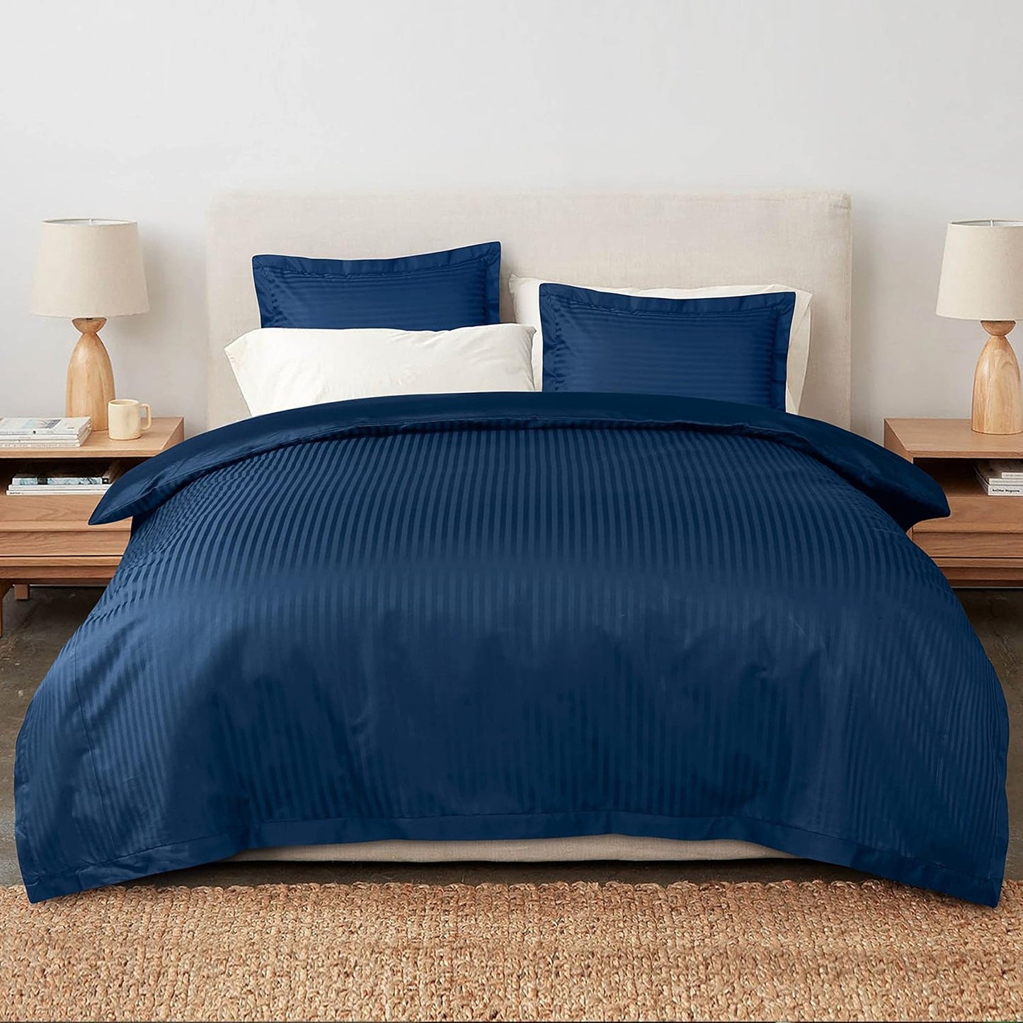 1000 Thread Count Cotton Satin Stripe Reversible Quilt Cover Bedding Set - Navy