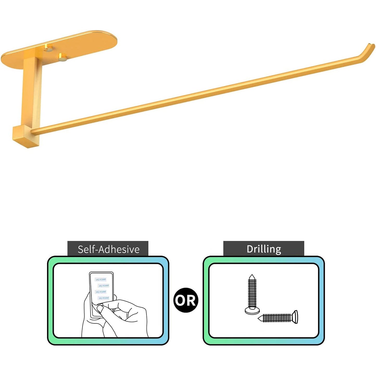 Aluminum Paper Tower Holder Self Adhesive or Drilling 13.78 Inch - Pure Gold