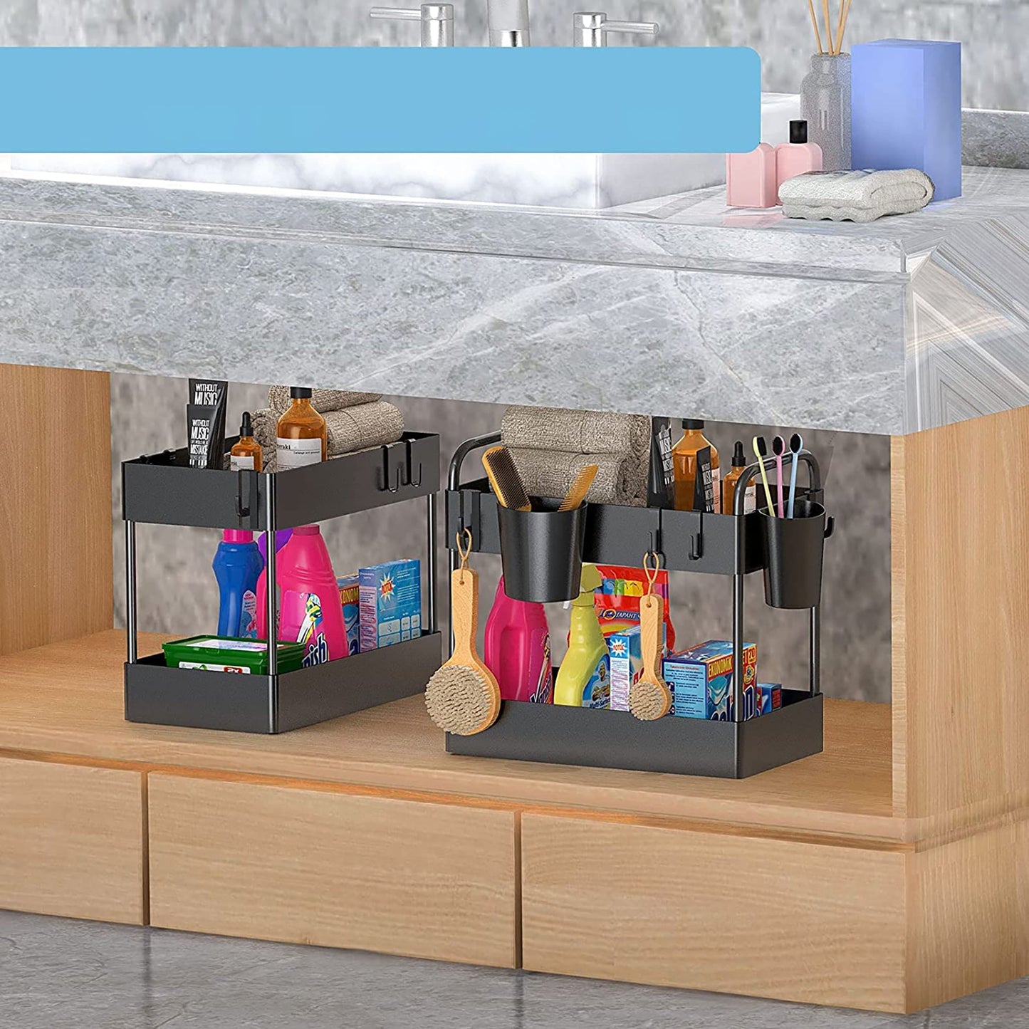 2 Tier Rack Shelf Storage Organizer with 4 Hooks 2 Hanging Cups - Black