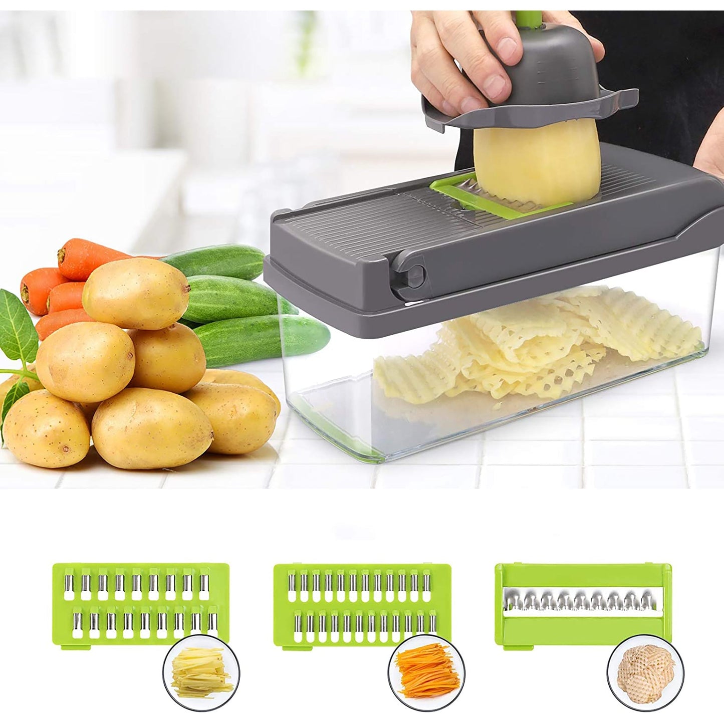 Multifunctional 13 in 1 Vegetable Slicer Grater Chopper - Green and Grey