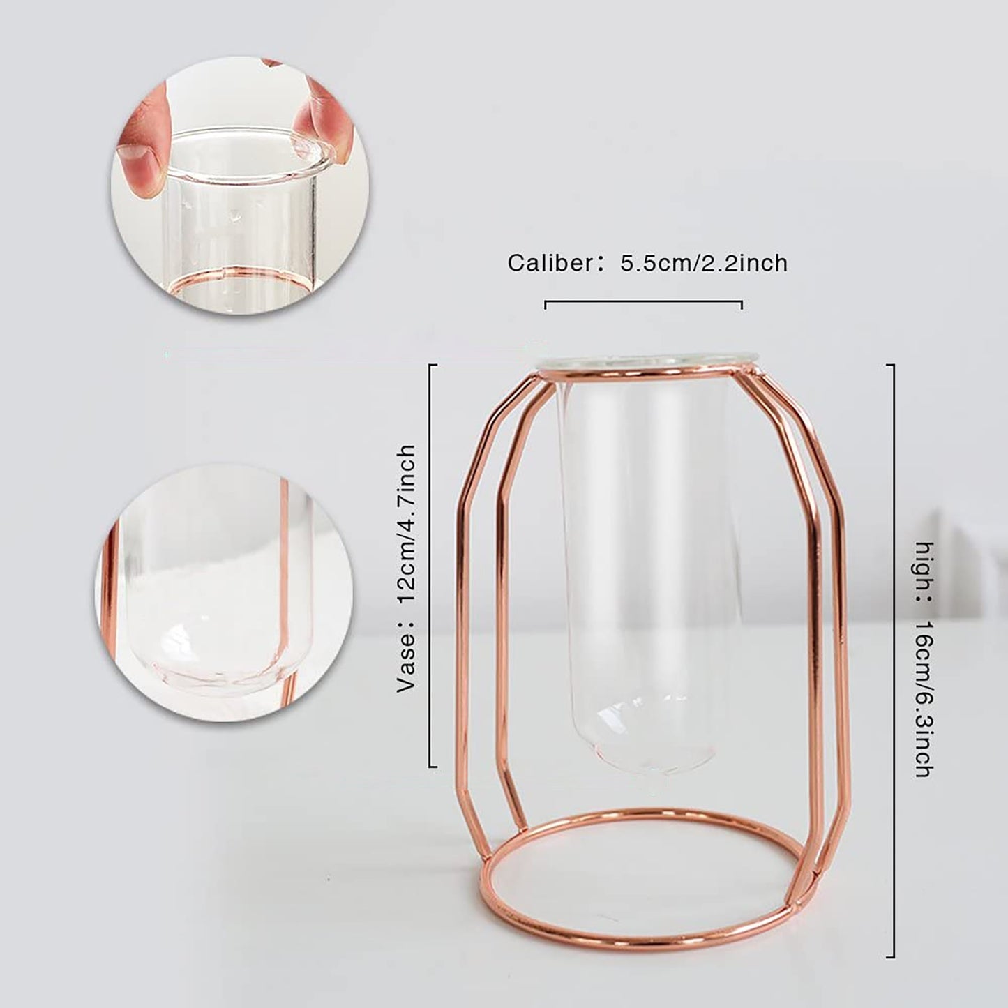 Set of 2 Metal Glass Flower Vase Planter Terrariums Cylinder Vase Home Decor - Rose Gold