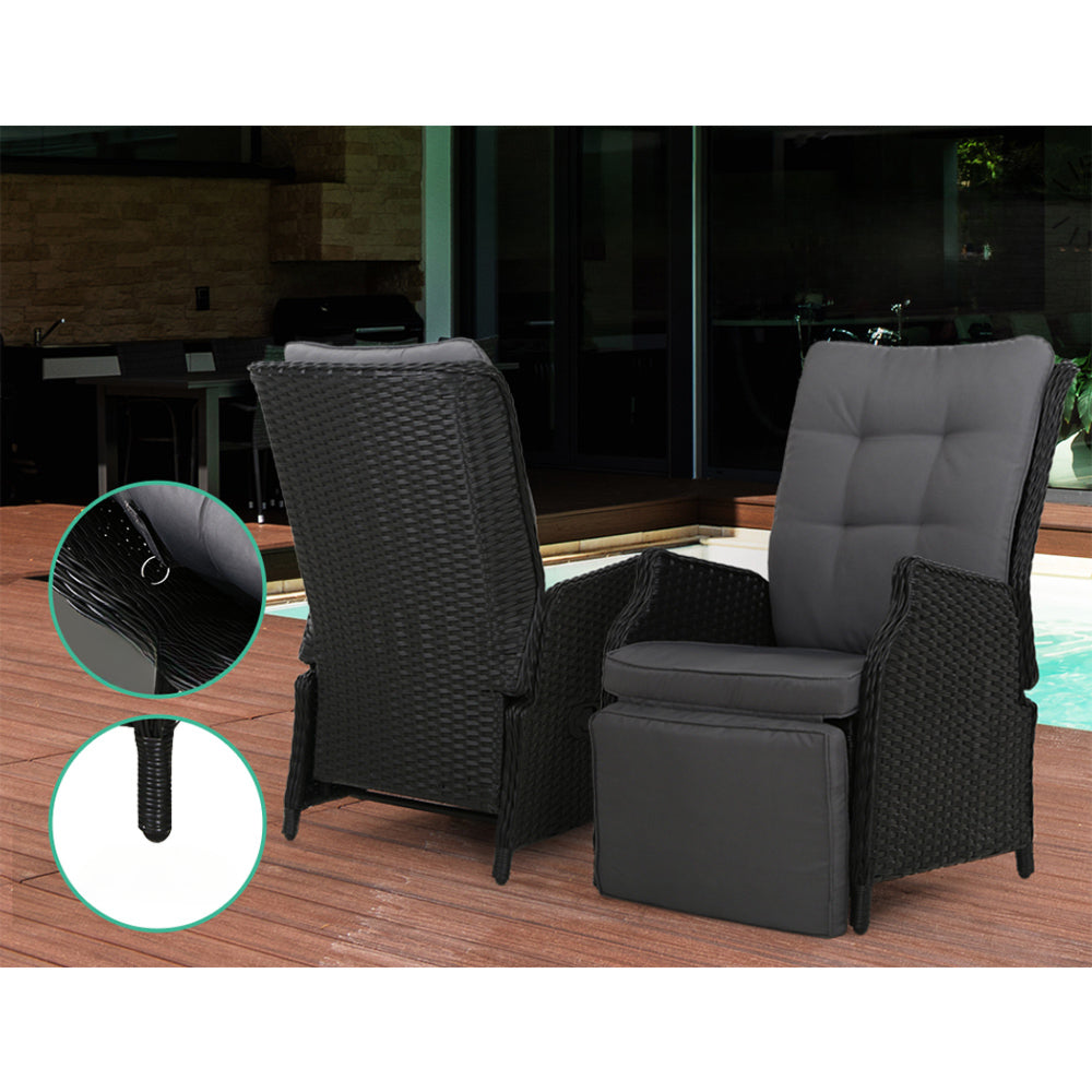 Recliner Chairs Outdoor Patio Wicker Lounge Sofa Set of 2 - Black