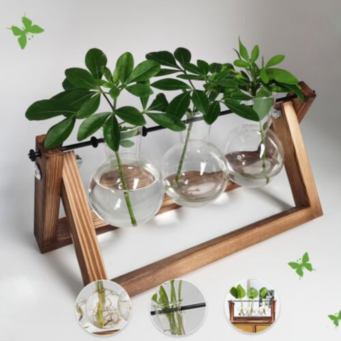 1pc Single Glass Vases on Wooden Stand Hanging Terrarium Container Hydroponics Pot Vase Decor