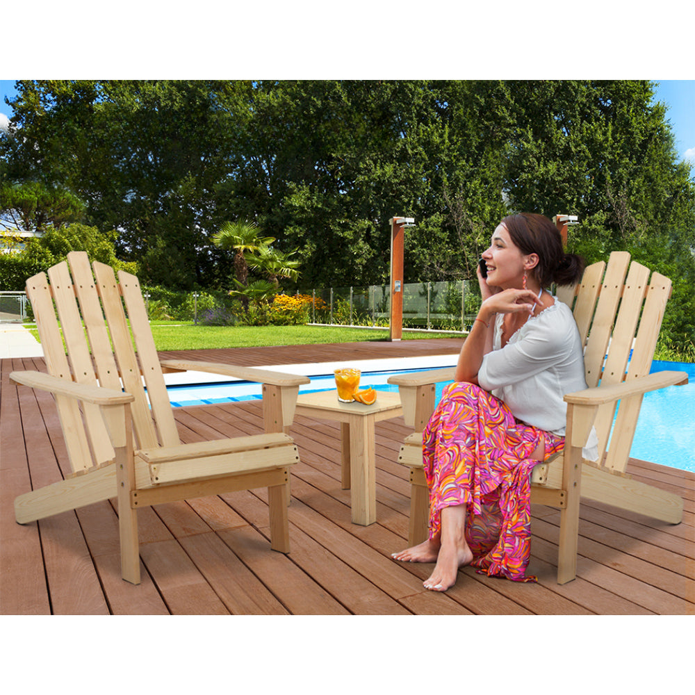 Outdoor Sun Lounge Beach Wooden Adirondack Patio Chair Table - Natural Wood