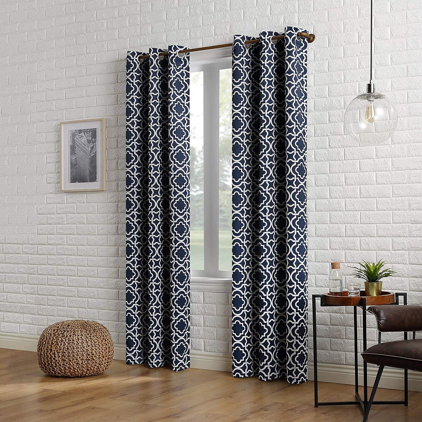 1PC Trellis Blackout Grommet Curtain Panel 40x95 Inch - Navy Blue