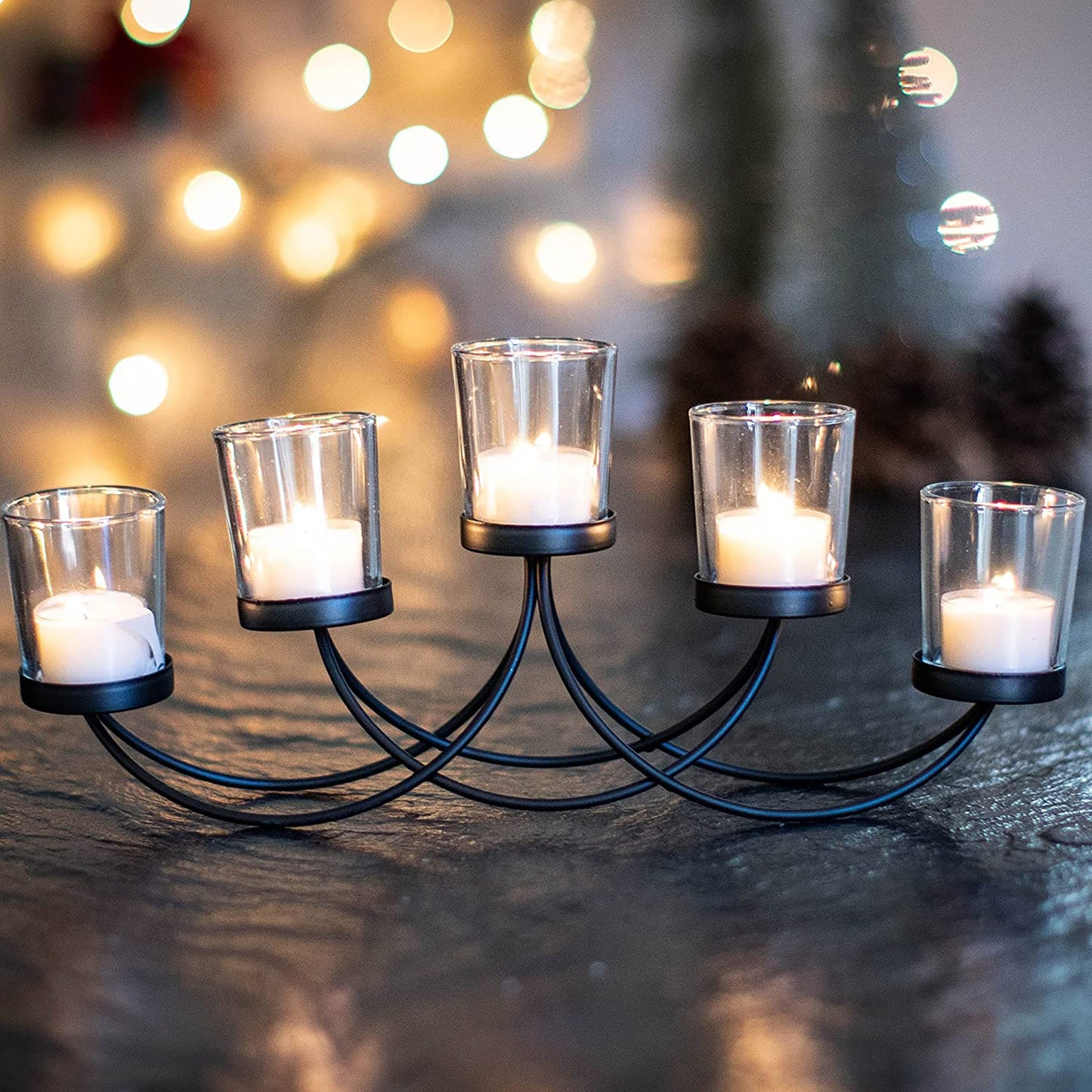 Elegant Metal Votive Candelabra Decorative Candle Centerpiece Candle Holder - Black