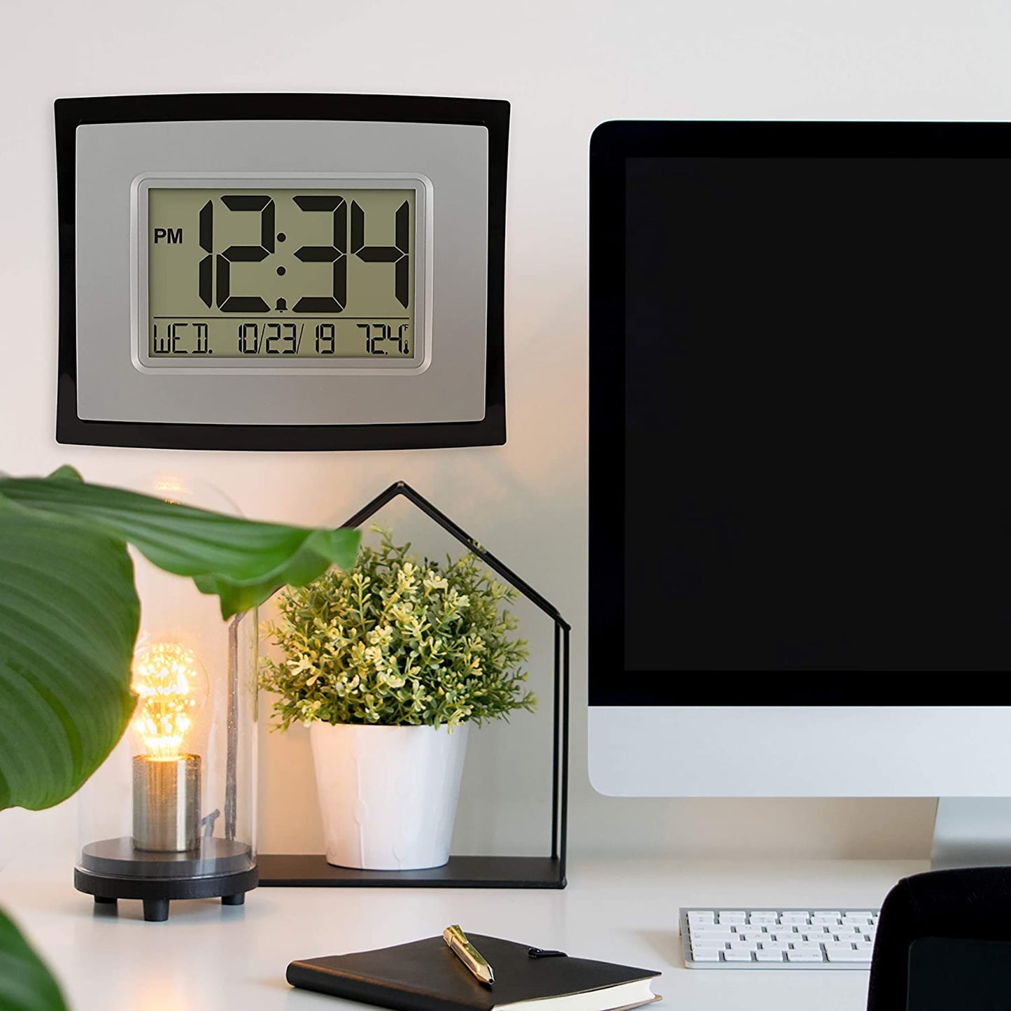 LCD Large Display Digital Wall Clock with Temperature and Calendar - Silver Black