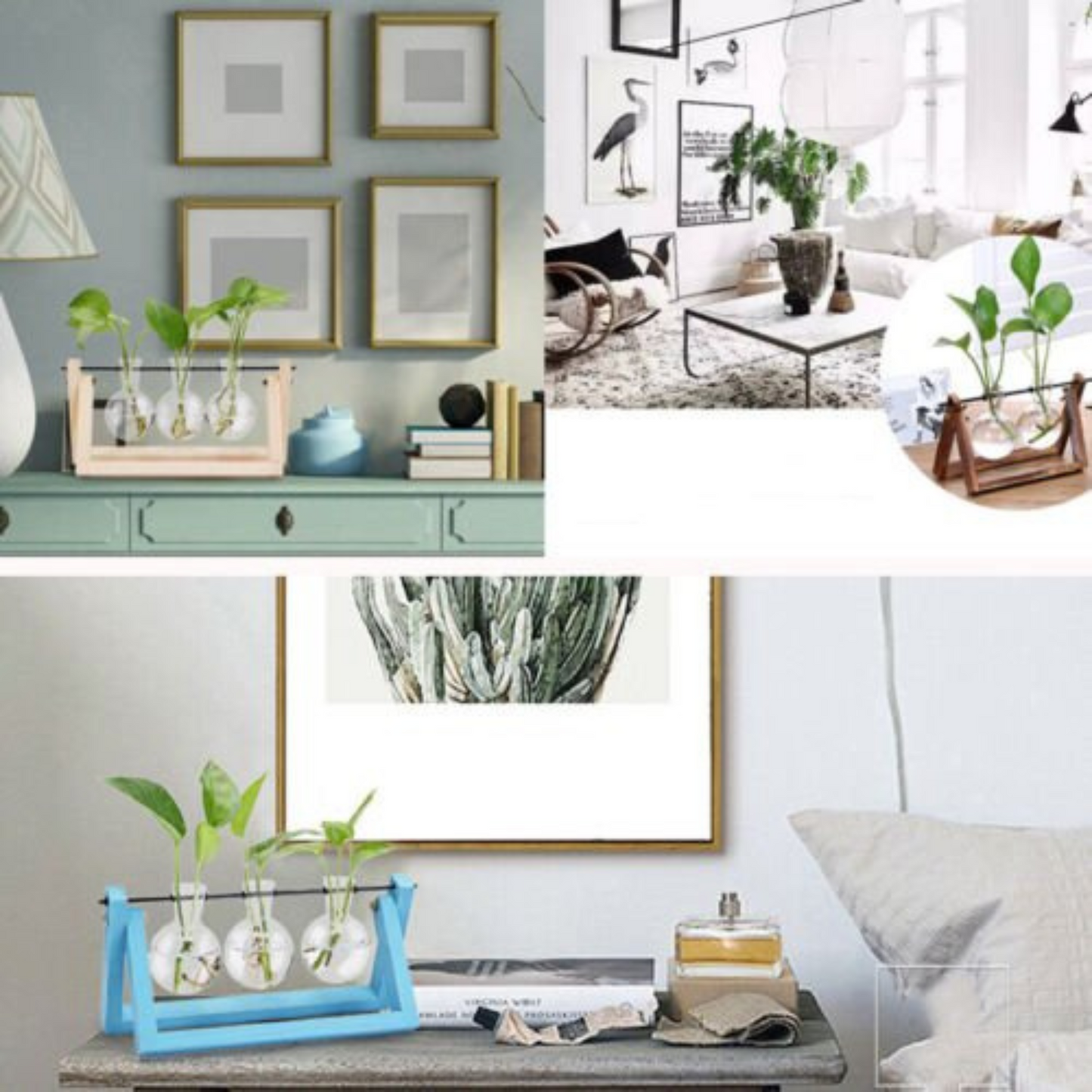 1pc Single Glass Vases on Wooden Stand Hanging Terrarium Container Hydroponics Pot Vase Decor
