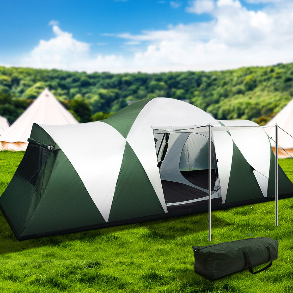 Camping Tent Hiking Beach Tents 3 Room Green - Fits 12 Person