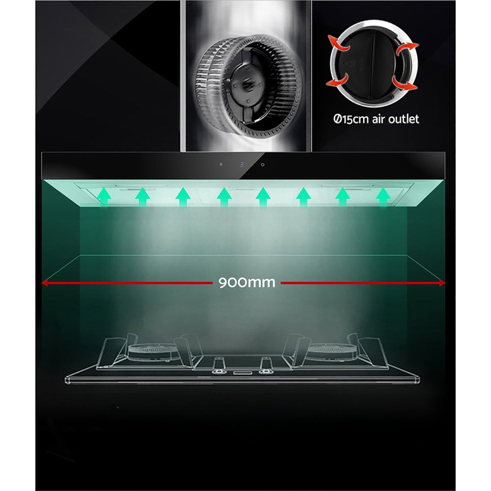 900mm Rangehood 90cm Stainless Steel Glass Kitchen Canopy Black