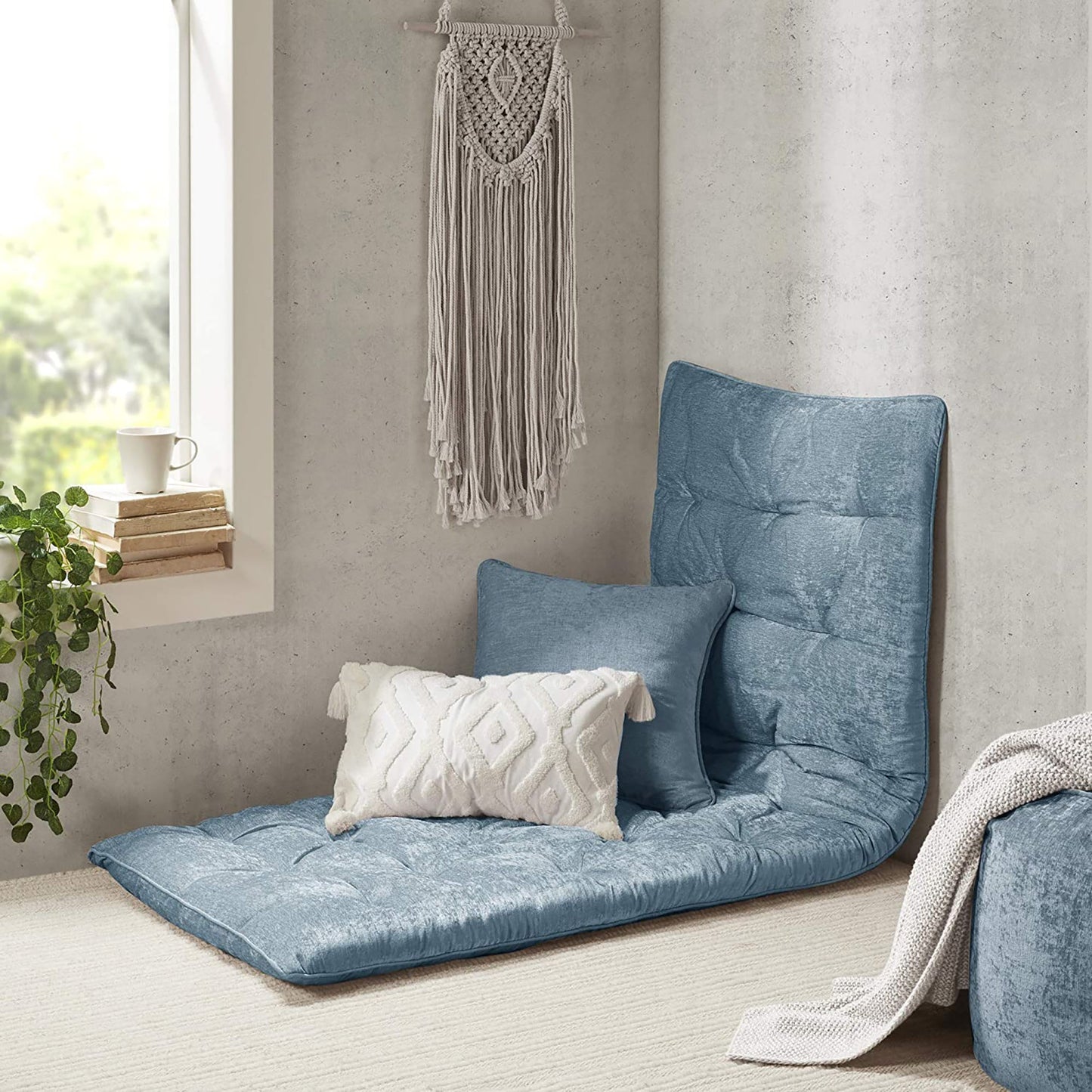 Foldable Poly Chenille Light Weight Floor Pillow Tufted Seat Cushion with Travel Wrap - Aqua