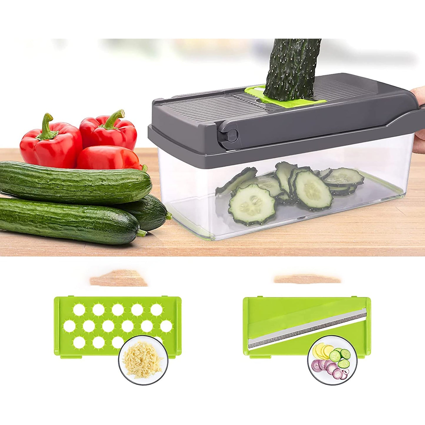 Multifunctional 13 in 1 Vegetable Slicer Grater Chopper - Green and Grey