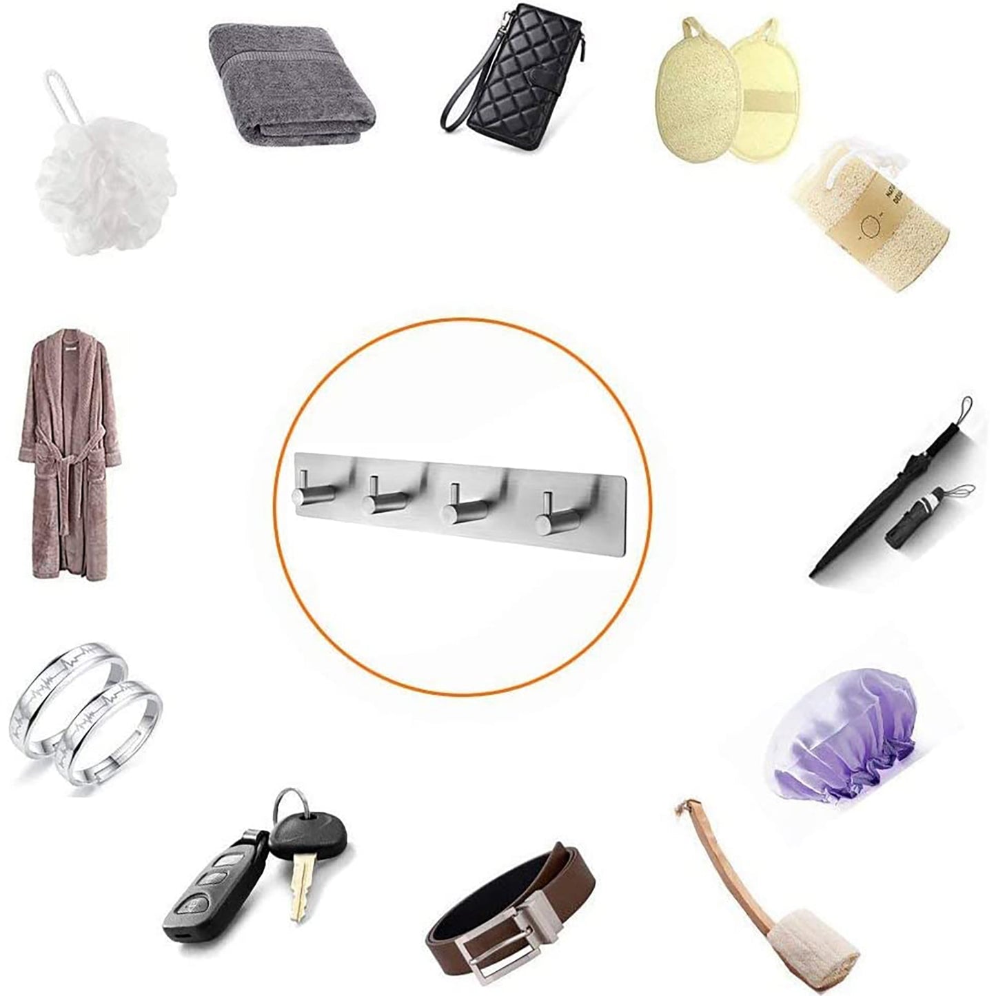 Self Adhesive Stainless Steel Towel Hanger Key Rail Rack with 4 Heavy Duty Hooks 26 cm