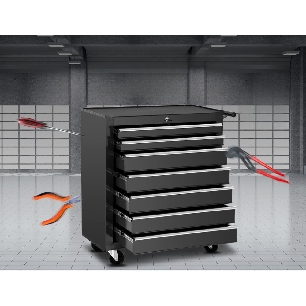 Tool Chest Trolley Box Cabinet Cart Garage Storage Black - 7 Drawers