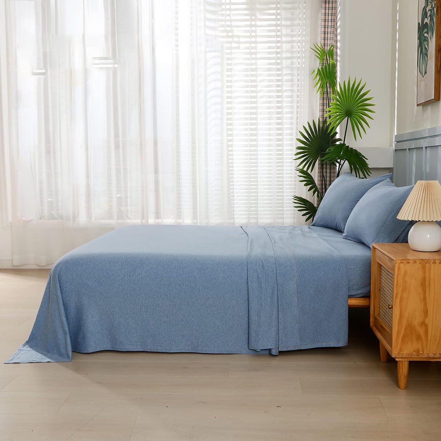 Breathable Skin-Friendly Ultra Soft Cotton Jersey Bed Sheet Set - Blue Chambray Marle